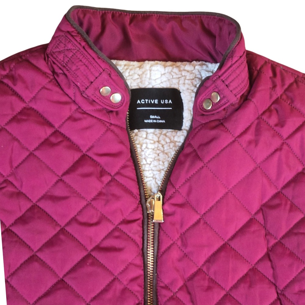 Active USA Womens Quilted Vest Burgundy Faux Fur Lined Sleeveless Jacket